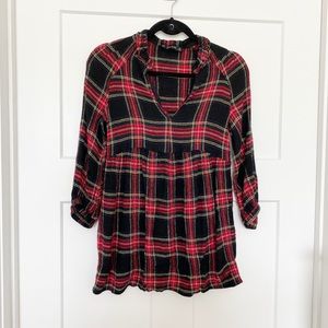 Zara Tartan Plaid Babydoll V-Neck Tunic Top Sz XS